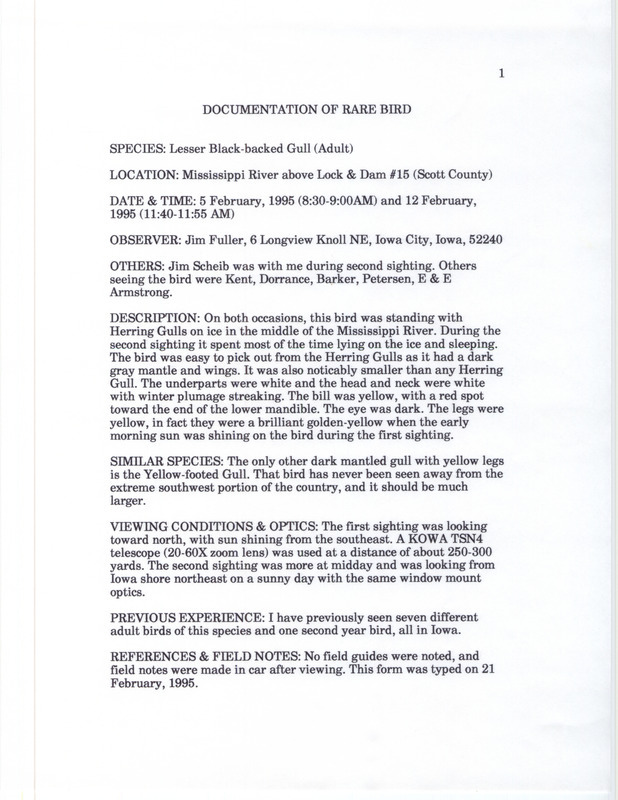 Rare bird documentation form for a Lesser Black-backed Gull at Lock and Dam 15 in Scott County, IA on February 5, 1995 and February 12, 1995.