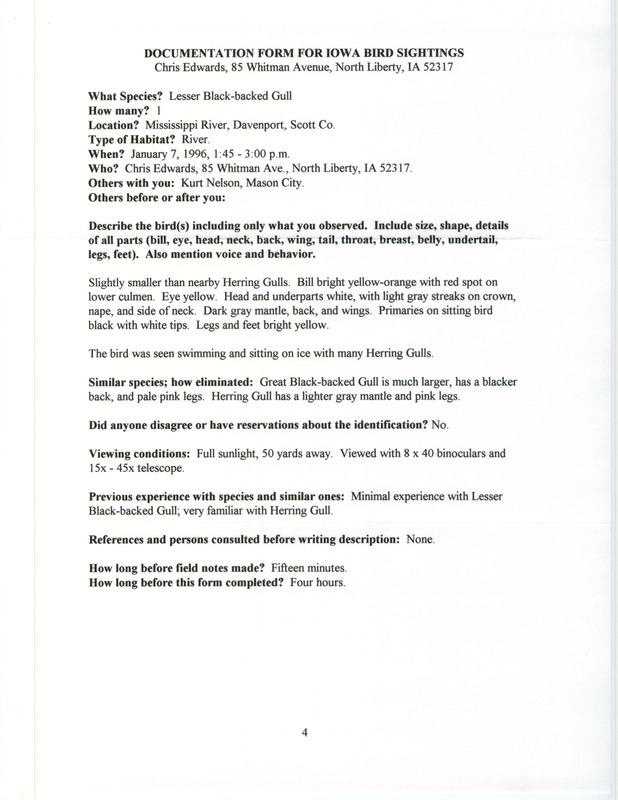 Rare bird documentation form for a Lesser Black-backed Gull on the Mississippi River at Davenport in Scott County, IA on January 7, 1996.