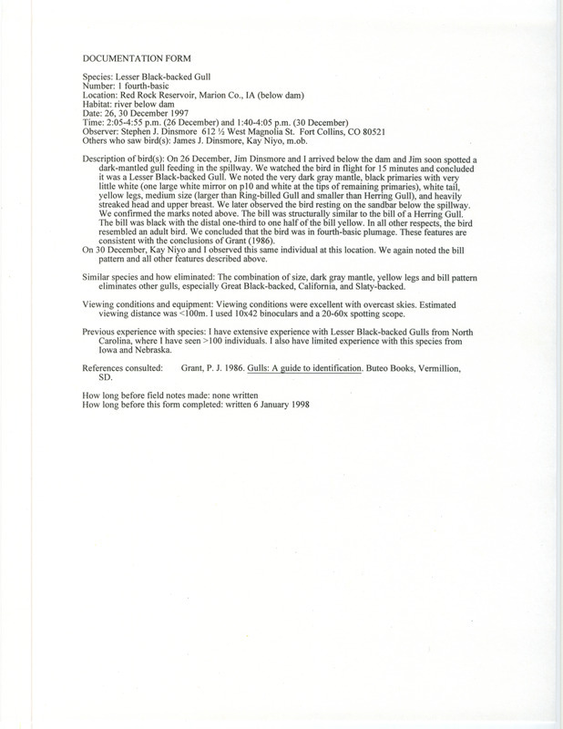 Rare bird documentation form for a Lesser Black-backed Gull at Red Rock Reservoir in Marion County, IA on December 26, 1997 and December 30, 1997.