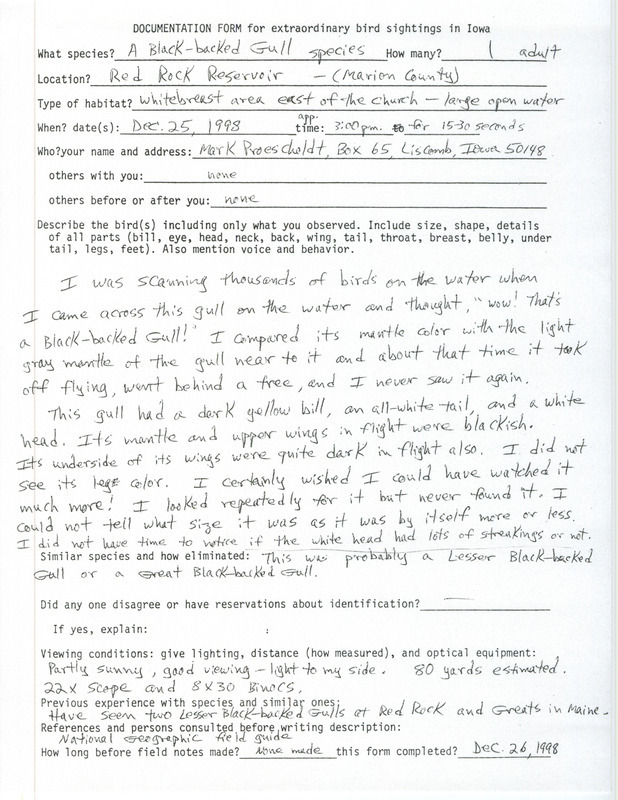 Rare bird documentation form for a Black-backed Gull species at Red Rock Reservoir in Marion County, IA on December 25, 1988.