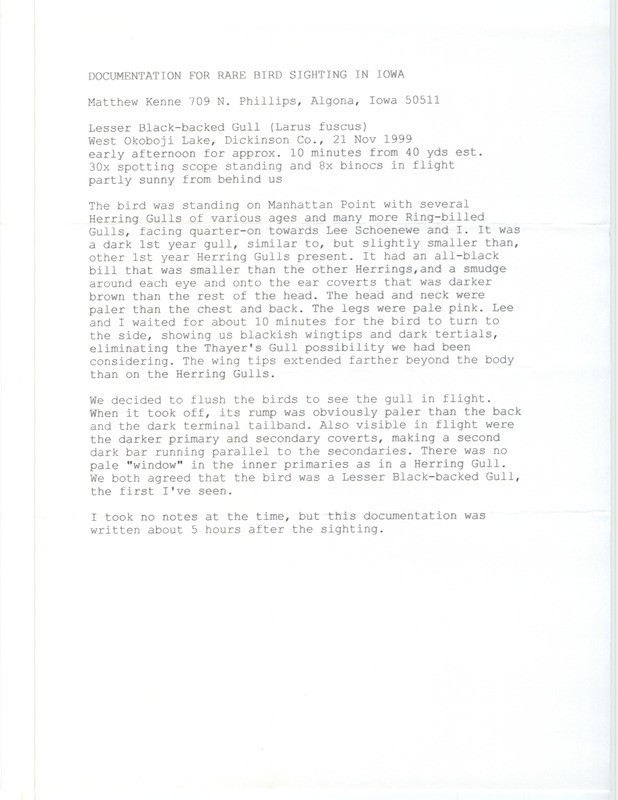 Rare bird documentation form for a Lesser Black-backed Gull at Manhattan Point at West Okoboji Lake in Dickinson County, IA on November 21, 1999.