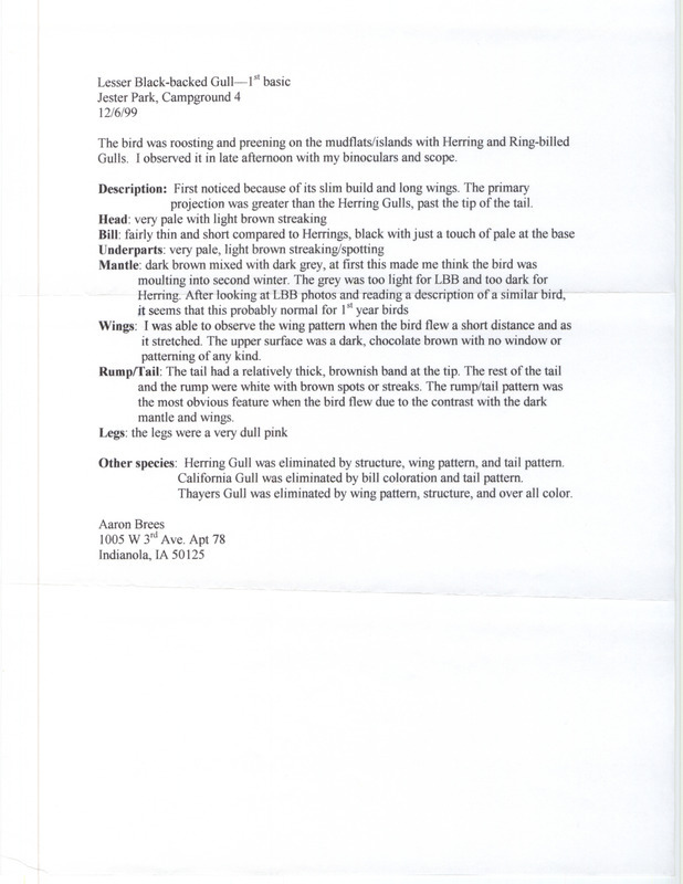 Rare bird documentation form for a Lesser Black-backed Gull at Jester Park in Polk County, IA on December 6, 1999.