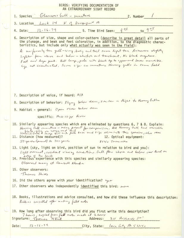 Rare bird documentation form for a Glaucous Gull at Lock and Dam 14 near Davenport in Scott County, IA on December 16, 1979.