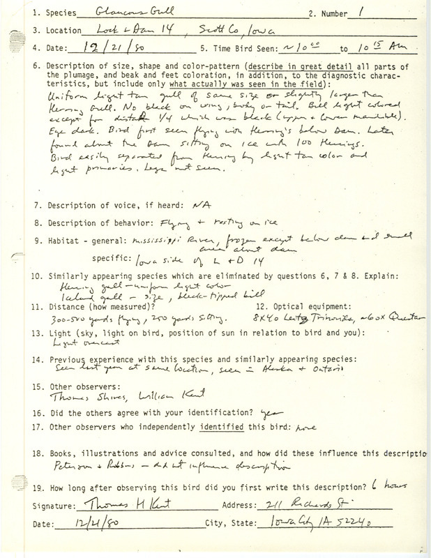 Rare bird documentation form for a Glaucous Gull at Lock and Dam 14 in Scott County, IA on December 21, 1980.