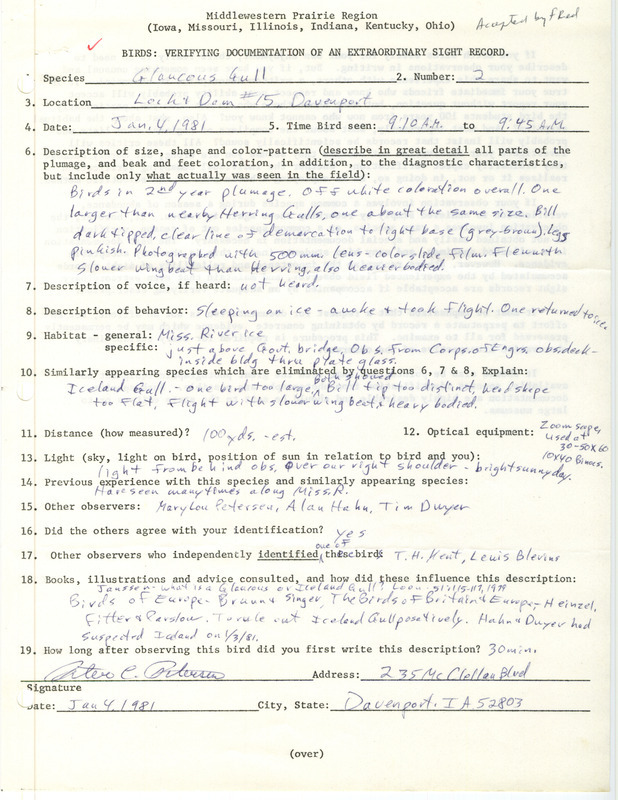 Rare bird documentation form for two Glaucous Gulls at Lock and Dam 15 in Davenport in Scott County, IA on January 4, 1981.