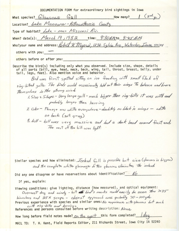 Rare bird documentation form for a Glaucous Gull at Lake Manawa in Pottawattamie County, IA on March 19, 1982.