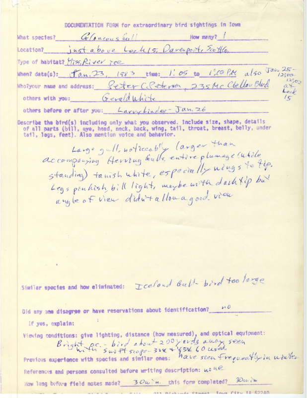 Rare bird documentation form for a Glaucous Gull at Lock and Dam 15 in Davenport in Scott County, IA on January 23, 1983 and January 25, 1983.