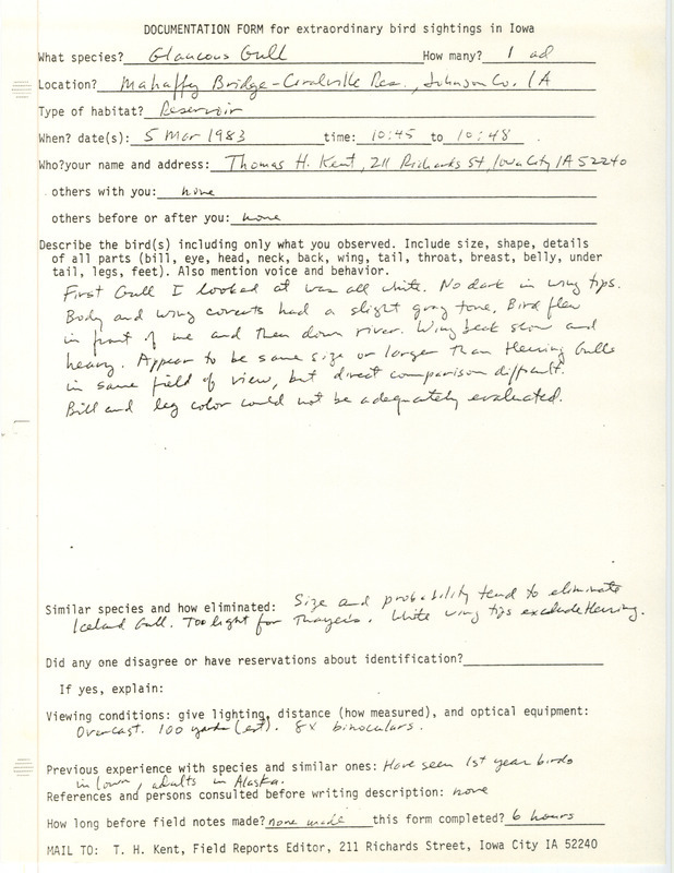 Rare bird documentation form for a Glaucous Gull at Mehaffey Bridge at Coralville Reservoir in Johnson County, IA on March 5, 1983.