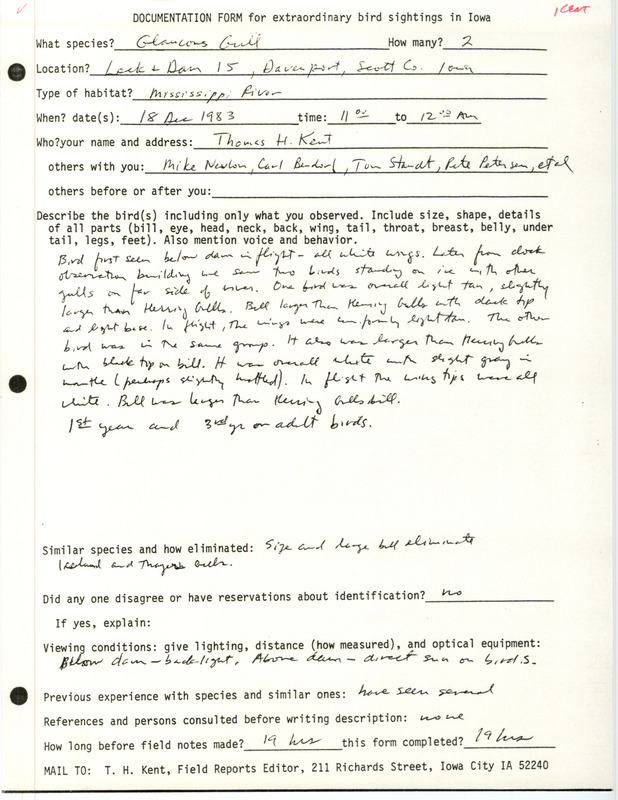 Rare bird documentation form for two Glaucous Gulls at Lock and Dam 15 at Davenport in Scott County, IA on December 18, 1983.