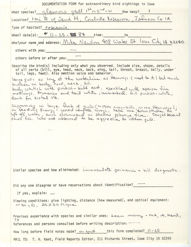 Rare bird documentation form for a Glaucous Gull east of Sand Point at Coralville Reservoir in Johnson County, IA on November 25, 1984.