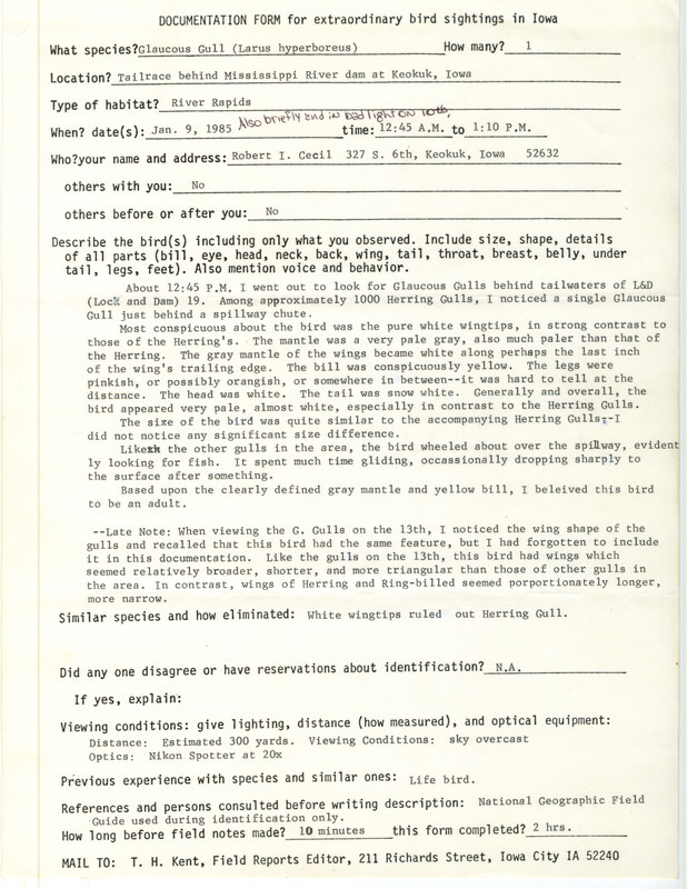 Rare bird documentation form for Glaucous Gull at Lock and Dam 19 at Keokuk in Lee County, IA on January 9 ,1985 and January 10, 1985.