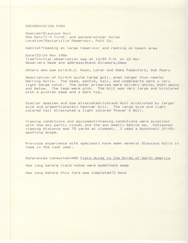 Rare bird documentation form for one to four Glaucous Gulls at Saylorville Reservoir on November 22 to 24, 1986.