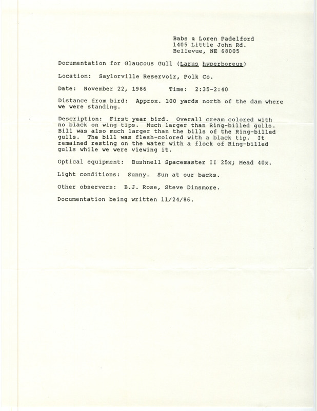 Rare bird documentation form for a Glaucous Gull at Saylorville Reservoir in Polk County, IA on November 22, 1986.