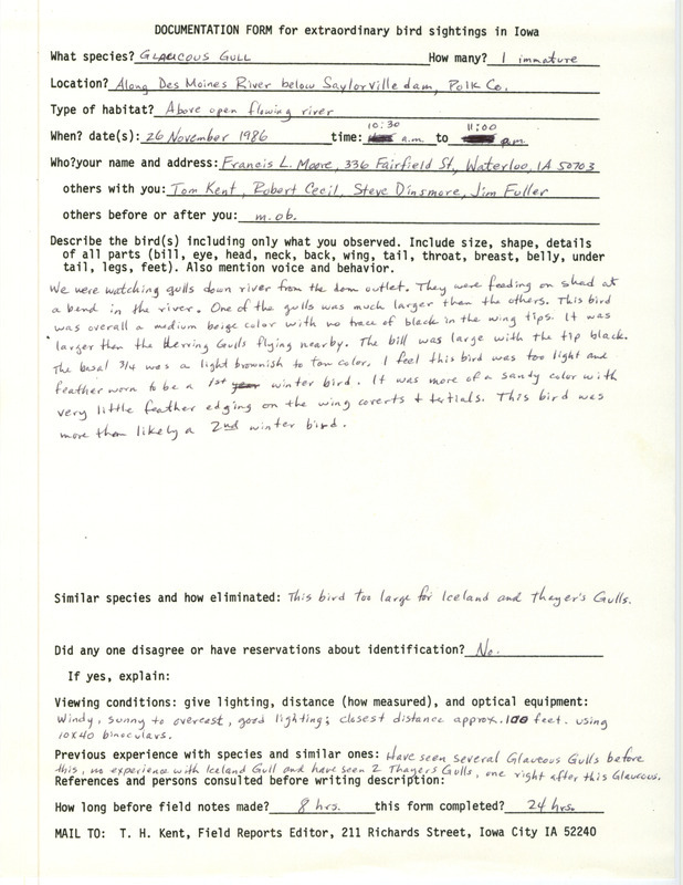 Rare bird documentation form for a Glaucous Gull at Saylorville Dam in Polk County, IA on November 26, 1986.