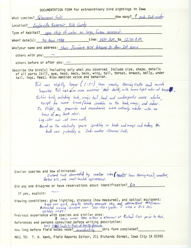 Rare bird documentation form for a Glaucous Gull at Saylorville Reservoir in Polk County, IA on November 30, 1988.