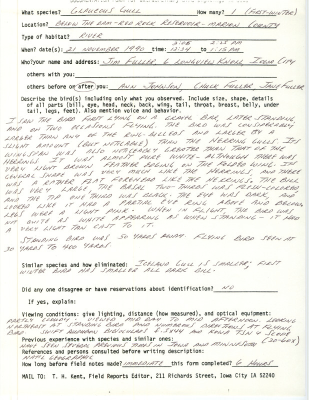 Rare bird documentation form for a Glaucous Gull at Red Rock Dam in Marion County, IA on November 21, 1990.