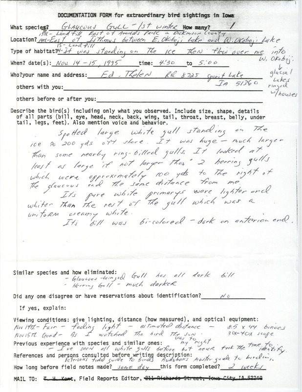 Rare bird documentation form for a Glaucous Gull near Arnolds Park in Dickinson County in November 14 and 15, 1995.