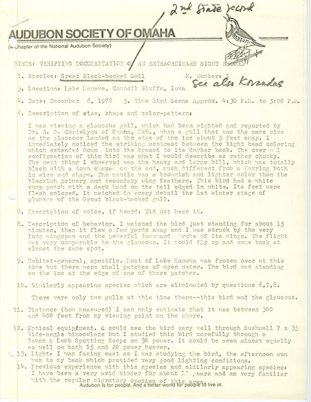 Rare bird documentation form for a Great Black-backed Gull at Lake Manawa in Pottawattamie County, IA on December 6, 1978.