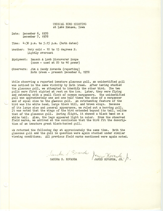 Rare bird documentation form for a Glaucous Gull at Lake Manawa in Pottawattamie County, IA on December 6 and 7, 1978.