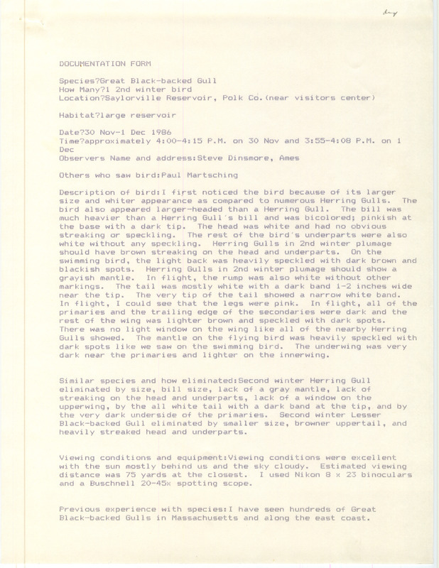 Rare bird documentation form for a Great Black-backed Gull at Saylorville Reservoir in Polk County, IA on November 30, 1986 and December 1, 1986.