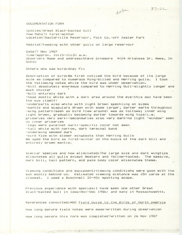 Rare bird documentation form for a Great Black-backed Gull at Saylorville Reservoir in Polk County, IA on November 7, 1987.