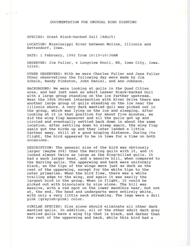 Rare bird documentation form for a Great Black-backed Gull at Mississippi River between Moline in Rock Island County, IL and Bettendorf in Scott County, IA on February 1, 1992.