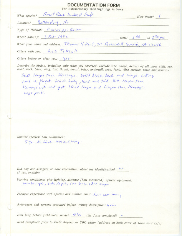 Rare bird documentation form for a Great Black-backed Gull at Bettendorf in Scott County, IA on February 3, 1992.