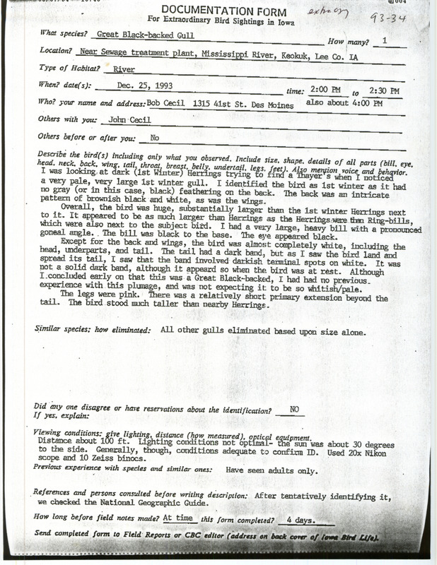 Rare bird documentation form for a Great Black-backed Gull at Keokuk Wastewater Plant in Lee County, IA on December 25, 1993.