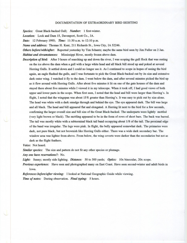 Rare bird documentation form for a Great Black-backed Gull at Lock and Dam 15 in Scott County, IA on February 12, 1995.