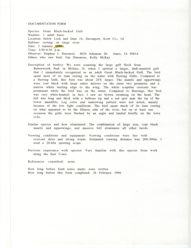 Rare bird documentation form for a Great Black-backed Gull at Lock and Dam 14 in Scott County, IA on January 2, 1996.