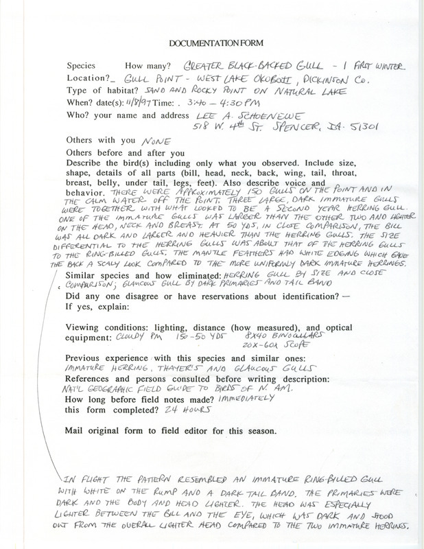 Rare bird documentation form for a Great Black-backed Gull at Gull Point at West Lake Okoboji in Dickinson County, IA on November 8, 1997.