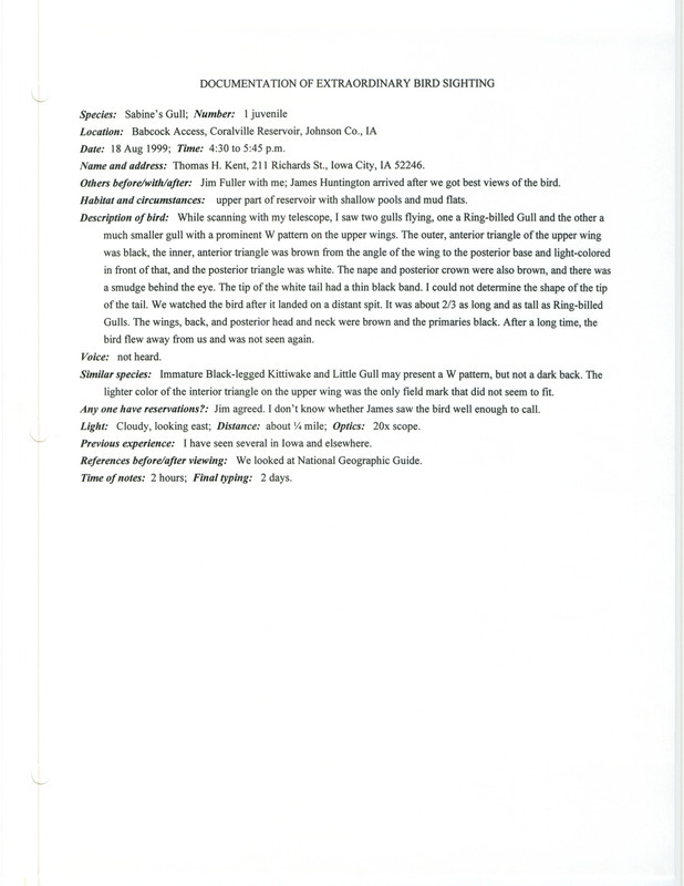 Rare bird documentation form for a Sabine's Gull at Babcock Access at Coralville Reservoir in Johnson County, IA on August 18, 1999.