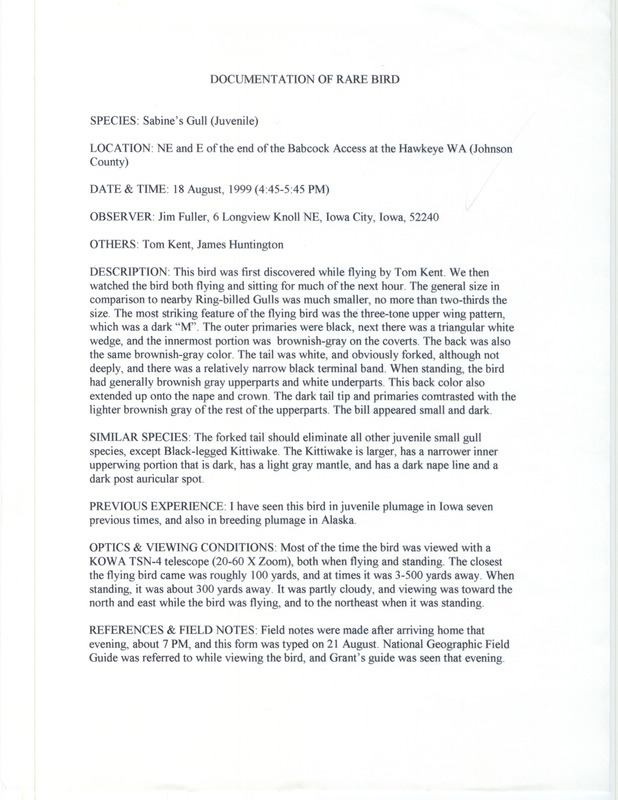 Rare bird documentation form for a Sabine's Gull at Babcock Access in Johnson County on August 18, 1999.