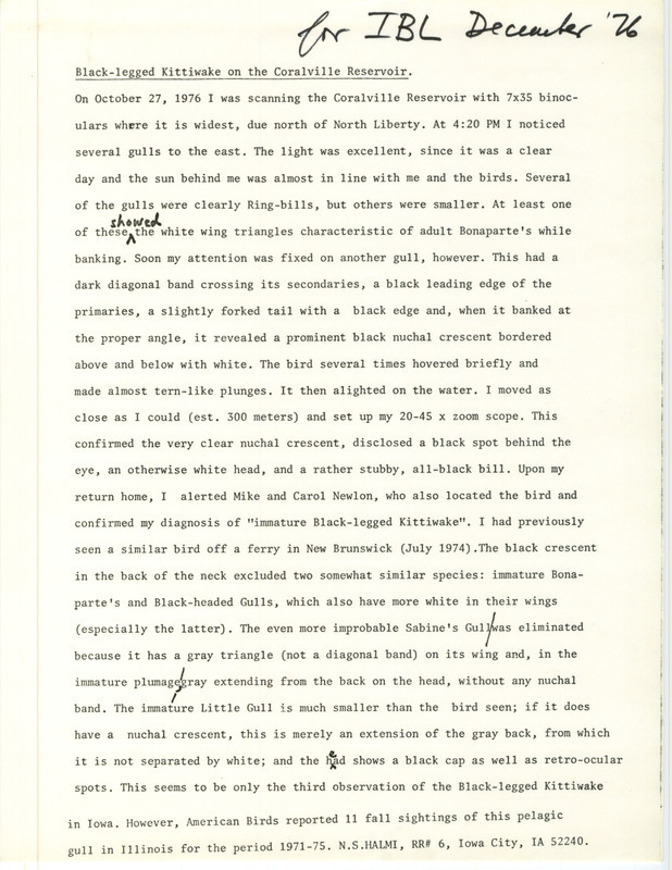 Field notes by N. S. Halmi for a Black-legged Kittiwake at Coralville Reservoir on October 27, 1976.