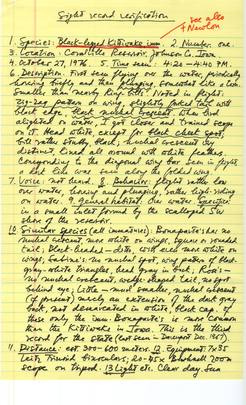 Rare bird documentation form for a Black-legged Kittiwake at Coralville Reservoir in Johnson County, IA on October 27, 1976.