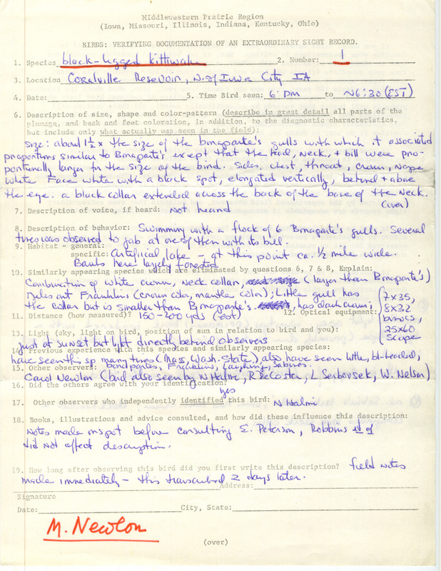 Rare bird documentation form for a Black-legged Kittiwake in Coralville Reservoir on unknown date.