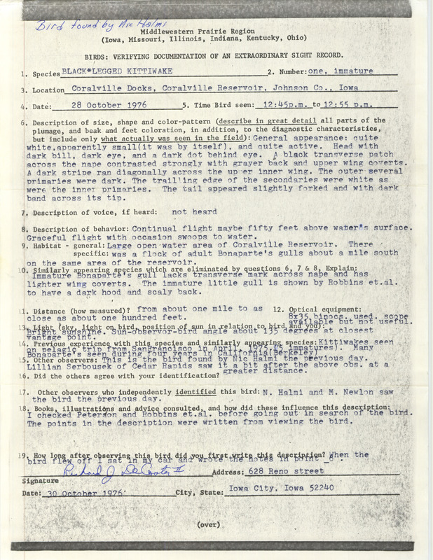 Rare bird documentation form for a Black-legged Kittiwake at Coralville Reservoir in Johnson County, IA on October 28, 1976.