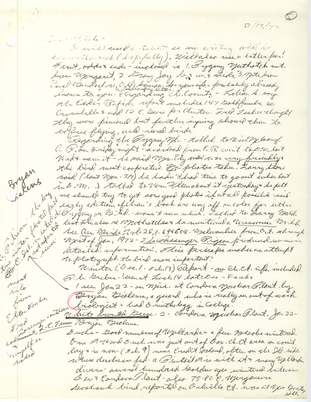 Letter from Peter C. Petersen to Nicholas S. Halmi, dated February 13, 1977, that details various bird sightings, including a Black-legged Kittiwake at the Duane Arnold Energy Center by Bryan Gielins on January 22 and 23, 1977.