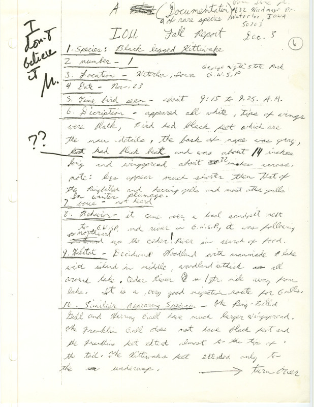 Rare bird documentation form for a Black-legged Kittiwake at George Wyth State Park in Black Hawk County, IA on November 23, 1978.