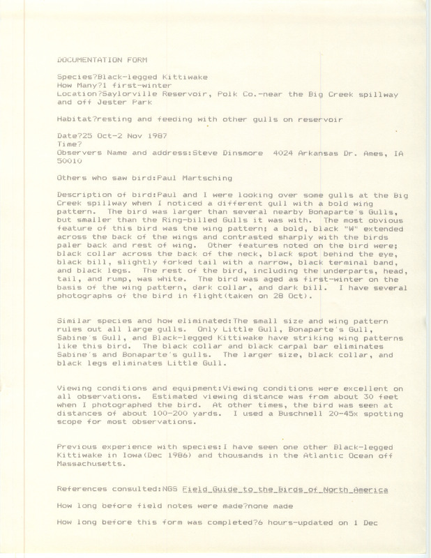 Rare bird documentation form for a Black-legged Kittiwake at Saylorville Reservoir in Polk County, IA from October 25 to November 2, 1987.