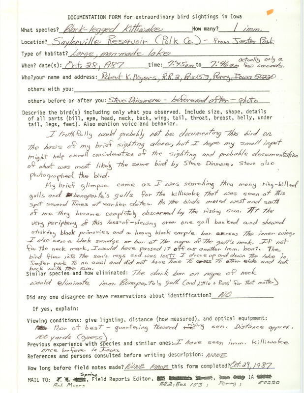 Rare bird documentation form for a Black-legged Kittiwake at Saylorville Reservoir in Polk County, IA on October 28, 1987.