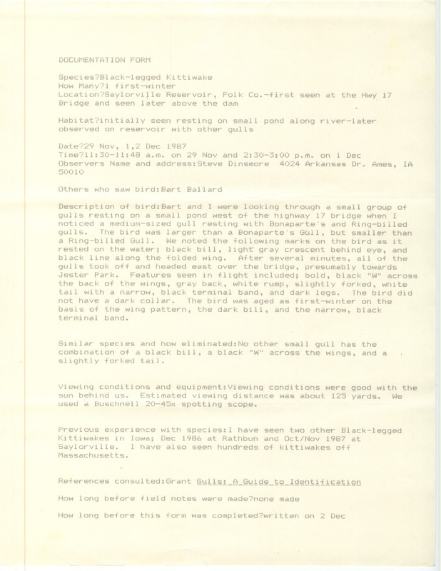 Rare bird documentation form for a Black-legged Kittiwake at Saylorville Reservoir in Polk County, IA on November 29, December 1 and 2, 1987.