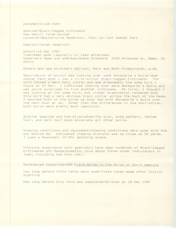 Rare bird documentation form for a Black-legged Kittiwake at Saylorville Reservoir in Polk County, IA from December 1 to 15, 1987.