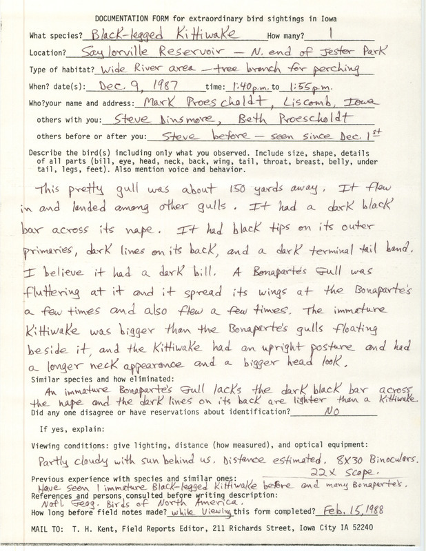 Rare bird documentation form for a Black-legged Kittiwake at Jester Park at Saylorville Reservoir in Polk County, IA on December 9, 1987.