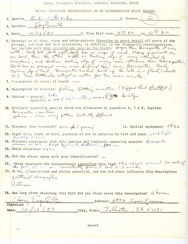 Rare bird documentation form for two Black-legged Kittiwakes at Saylorville in Polk County, IA on December 12, 1987.