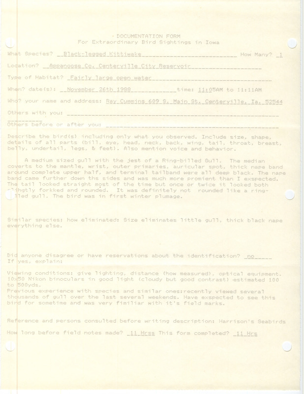 Rare bird documentation form for a Black-legged Kittiwake at Centerville City Reservoir in Appanoose County, IA on November 26, 1988.