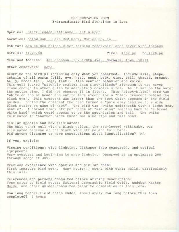 Rare bird documentation form for a Black-legged Kittiwake at Lake Red Rock in Marion County, IA on November 27, 1988.