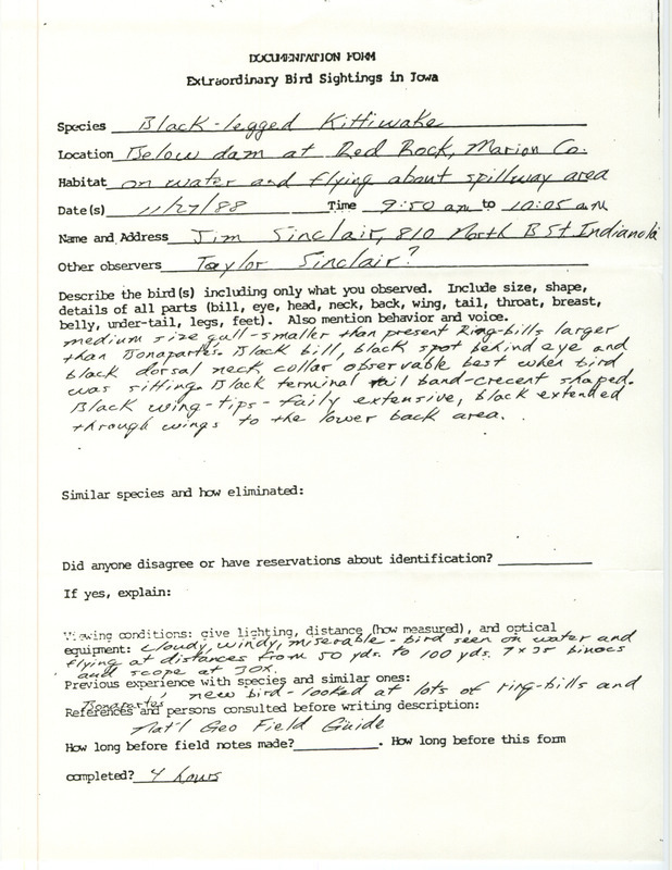 Rare bird documentation form for a Black-legged Kittiwake at Red Rock Dam in Marion County, IA on November 27, 1988.