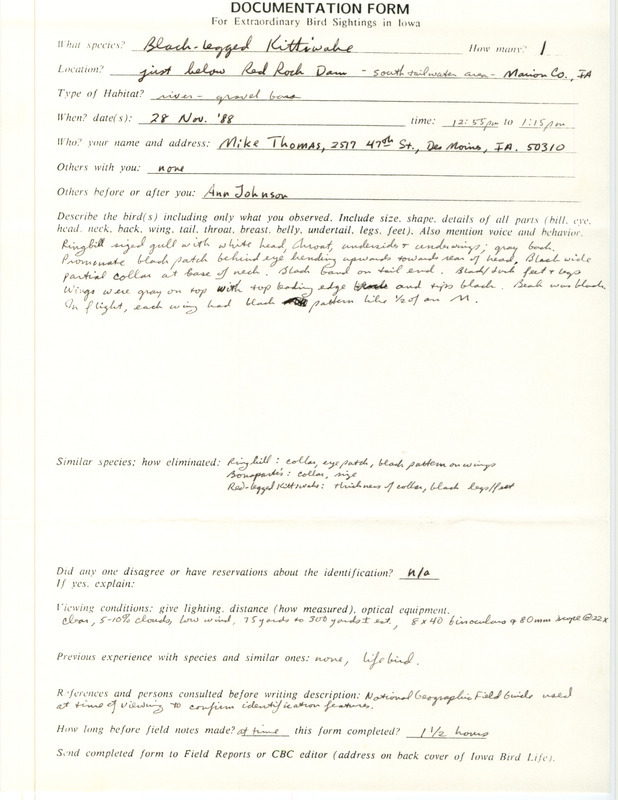 Rare bird documentation form for a Black-legged Kittiwake at Red Rock Dam in Marion County, IA on November 28, 1988.