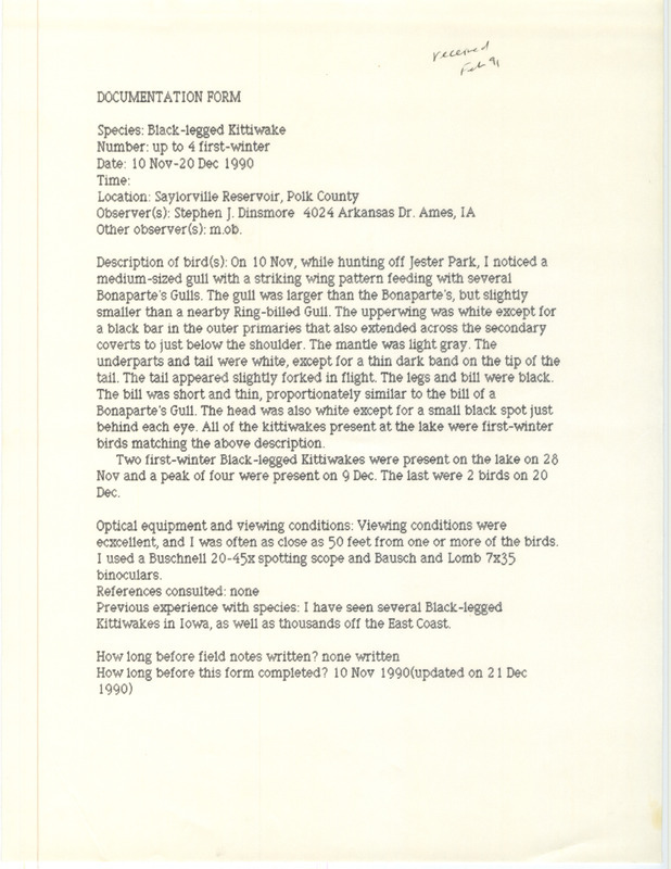 Rare bird documentation form for four Black-legged Kittiwakes at Saylorville Reservoir in Polk County, IA on November 10, 1990 to December 20, 1990.